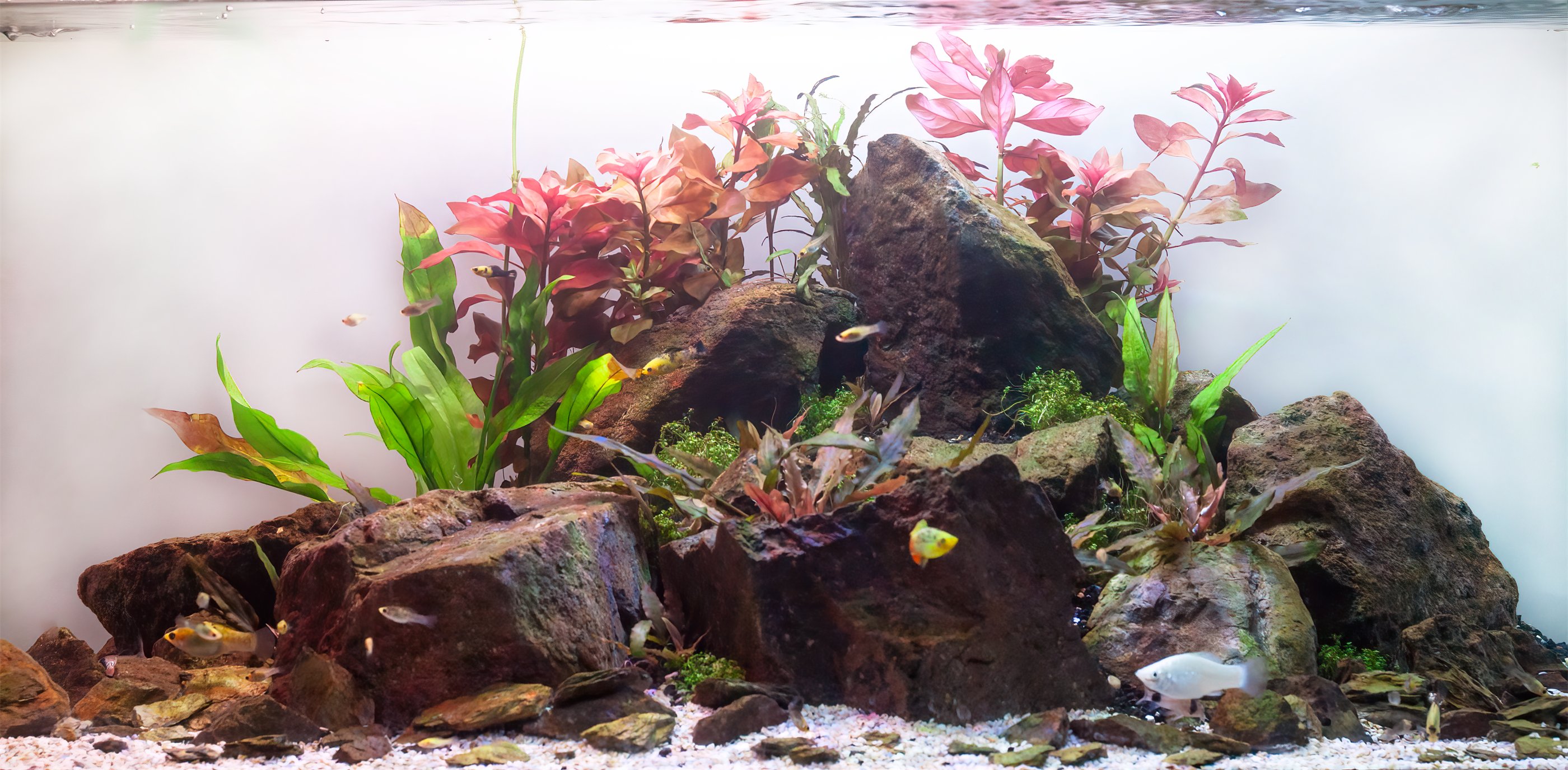 A planted aquascape from November 2020, with dark rocks, red leaves, and small fish