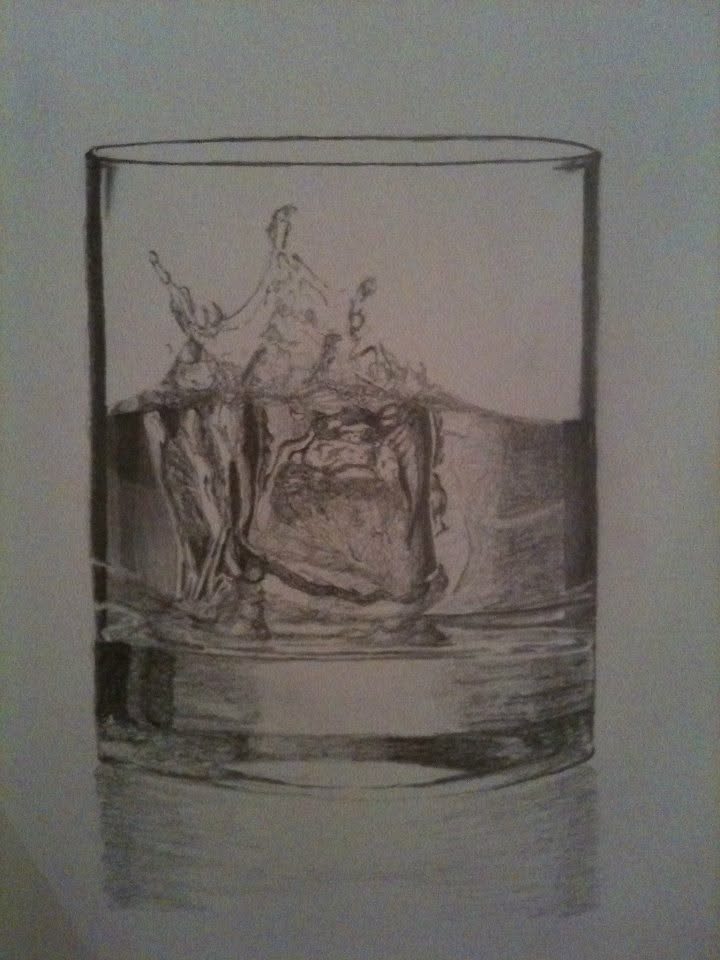 A pencil drawing of ice splashing in a glass