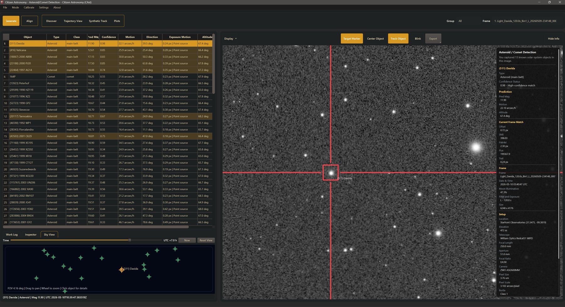 Asteroid / Comet Detection with the Predicted Objects table and Sky View on the left and (511) Davida marked on the frame on the right