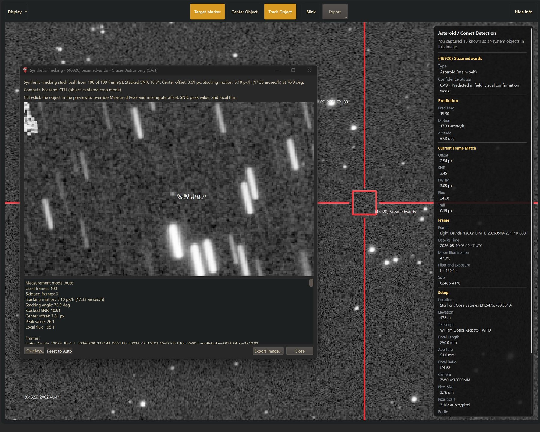Synthetic Track result where a faint moving object appears as a point after stacking along its motion