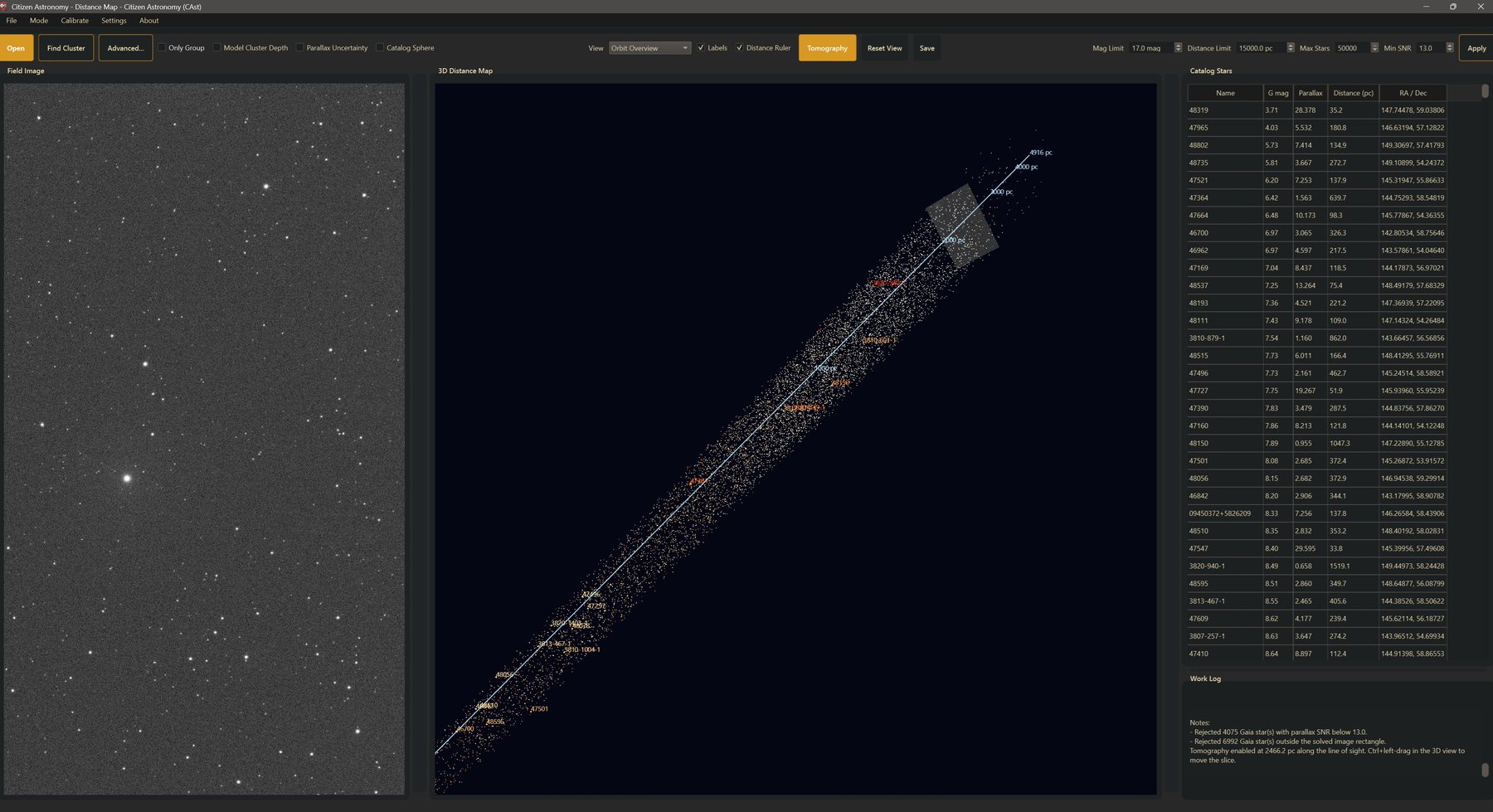 CAst Distance Map with the field image on the left, a 3D cloud of Gaia stars stretching along the line of sight with a distance ruler and a tomography slice in the middle, and the Catalog Stars table and Work Log on the right
