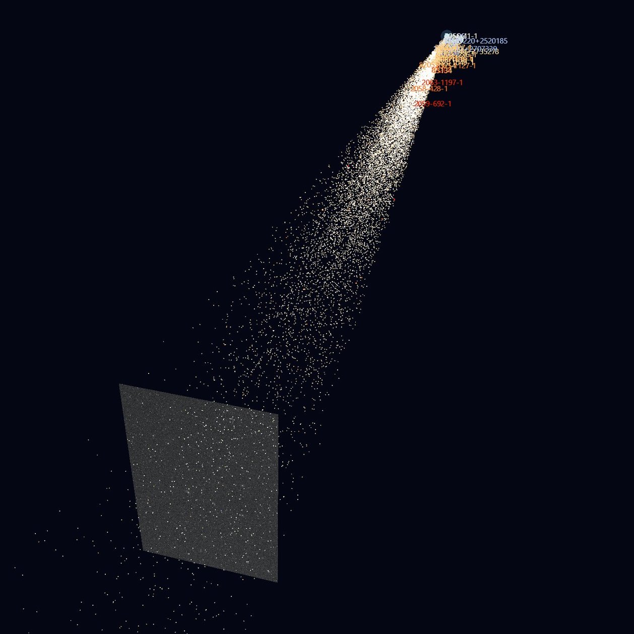Gaia stars from one field spread out in 3D along the line of sight, with the field image drawn as a plane
