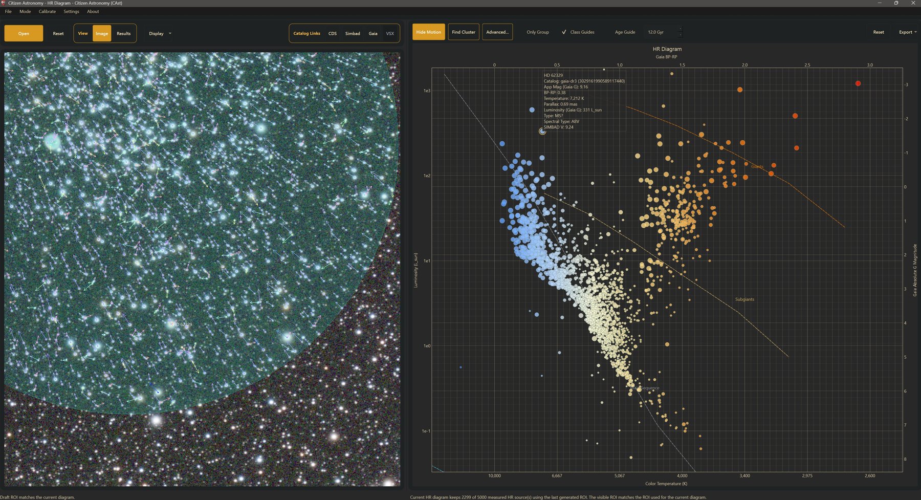 HR Diagram workspace with a circular region on the source image at left and the HR diagram with class guides and a star's info card at right