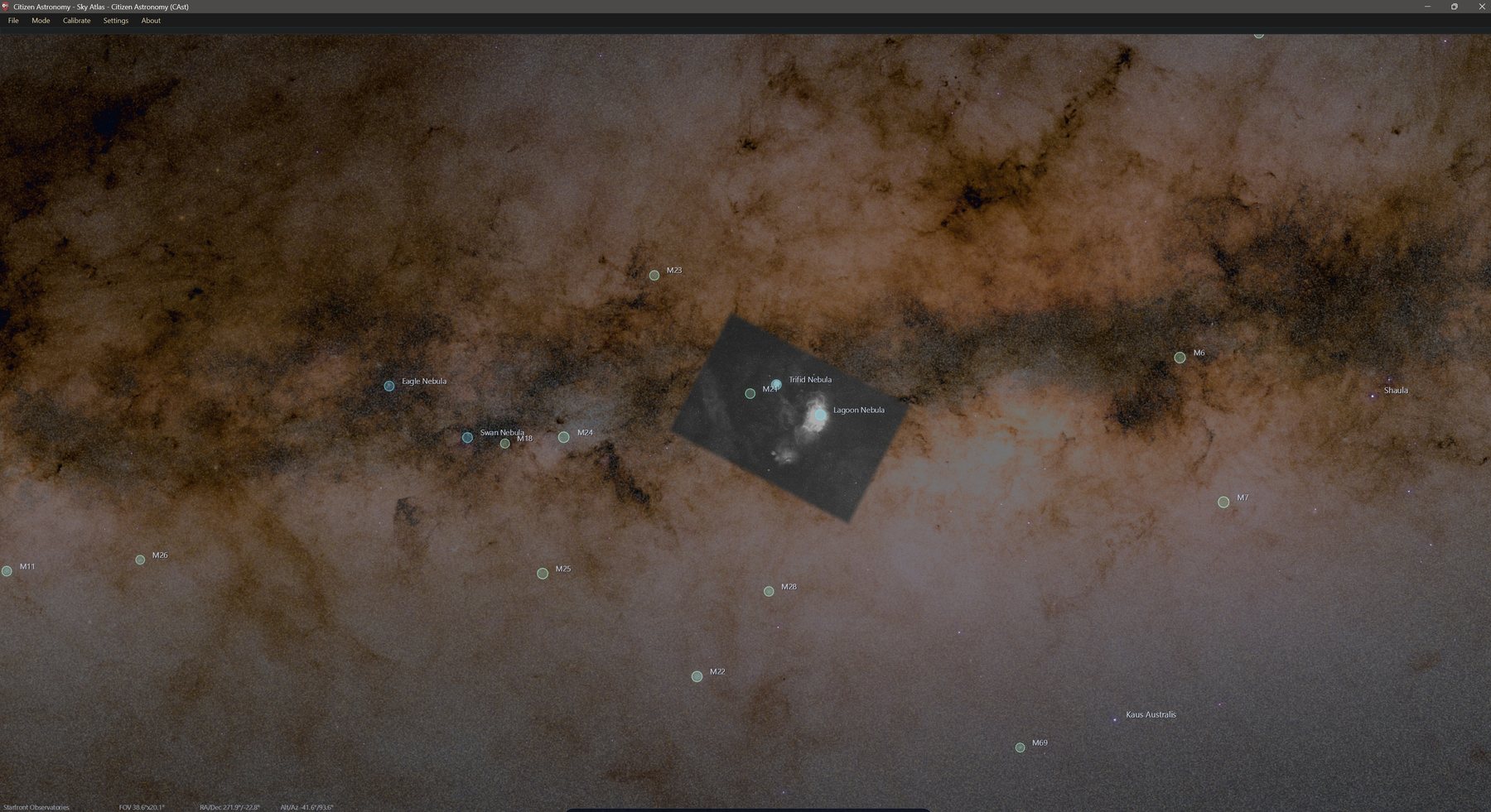 Sky Atlas showing the Milky Way in Sagittarius with Messier labels and a custom image overlay on the Lagoon and Trifid nebulae