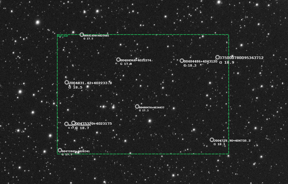 Mag Limit labels on representative Gaia stars from about G 17.5 to G 18.9