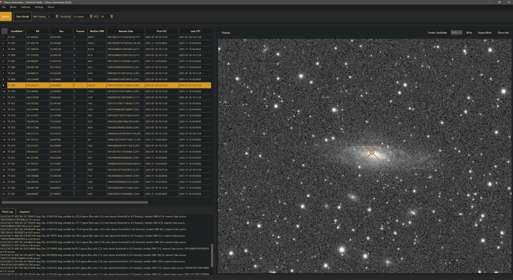 Transient Finder with the candidate table and Work Log on the left and a selected candidate marked on a galaxy on the right